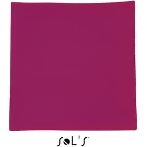 A magenta microfibre towel measuring 30cm x 50cm, featuring a logo at the bottom.