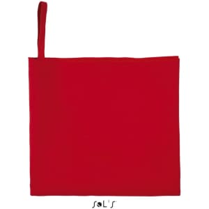 A red microfibre gym/sports towel measuring 30cm x 50cm with a hanging loop and a logo.