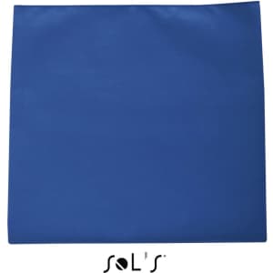 A blue microfibre gym towel measuring 30cm x 50cm, featuring a logo at the bottom.