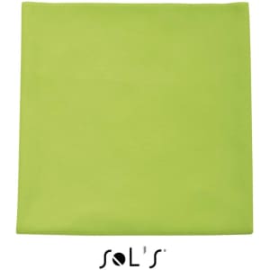 A bright green microfibre towel measuring 30cm x 50cm, featuring a logo at the bottom.