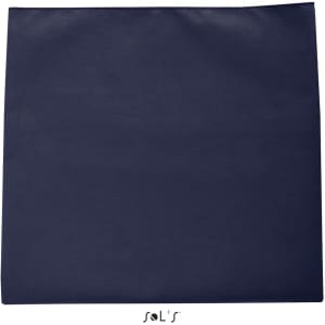 A navy microfibre gym towel, measuring 30cm x 50cm, with a logo at the bottom.