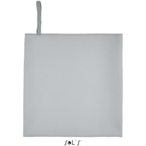 A grey microfibre sports towel measuring 30cm x 50cm, featuring a hanging loop and a logo.