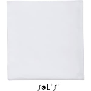 A white microfibre sports towel with an elastic strap, measuring 50cm x 100cm, featuring a logo at the bottom.