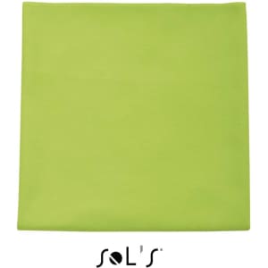 A lime green microfibre sports towel with an elastic strap, measuring 50cm x 100cm, featuring a logo.