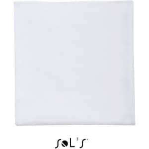 A white microfibre gym towel measuring 120cm x 70cm, featuring a logo at the bottom.