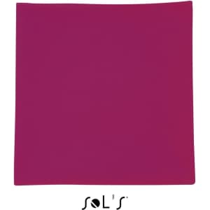 A microfibre sports towel in a vibrant magenta colour, measuring 120cm x 70cm, with a logo displayed.