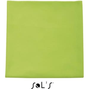 A vibrant lime green microfiber towel, measuring 120cm x 70cm, featuring a logo at the bottom.