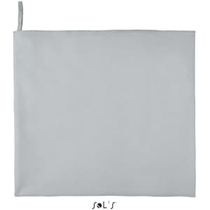 A grey microfibre towel measuring 120cm x 70cm, featuring a hanging loop and a logo at the bottom.