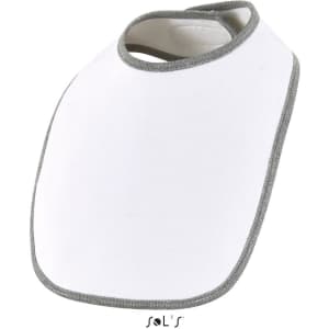 A baby bib in white with grey trim, featuring a rounded neckline and a simple design. It includes a branding logo.
