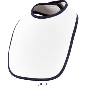 A baby bib in white with a navy blue trim, featuring a rounded neck opening and soft fabric.