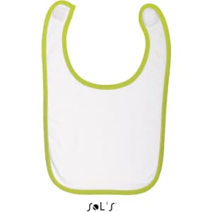 A baby bib in white with bright green trim, featuring a secure fastening. It has a simple, clean design and a brand logo.