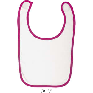 A baby bib in white with a pink border, featuring a circular neck opening and a logo at the bottom.