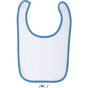 A baby bib in white with blue trim, featuring a rounded neck and snap closures. The product includes a logo.