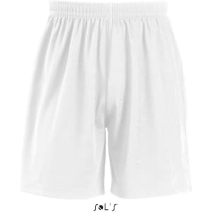 Shorts in solid white with an elastic waistband, featuring a brand logo. Suitable for sports and casual wear.