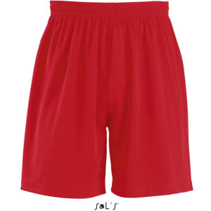 Red sports shorts for adults with an elastic waistband, featuring branding on the front.