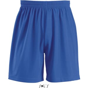 Blue sports shorts with an elastic waistband, featuring a branding logo.