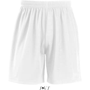 White kids' sports shorts with an elastic waistband, featuring a branding logo.