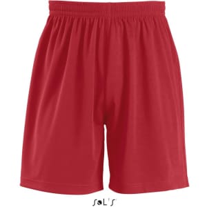 A pair of red shorts designed for kids, featuring an elastic waistband and no visible branding.