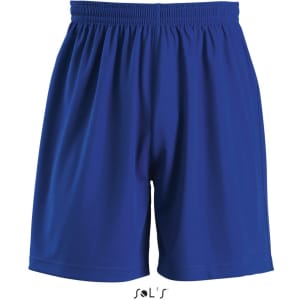Kids' sports shorts in bright blue with an elastic waistband and a logo at the bottom.