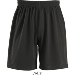 A pair of black sports shorts for kids with an elastic waistband and a logo.