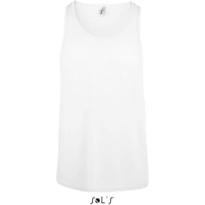 A white unisex singlet tank top featuring a logo at the label. Simple and versatile design.