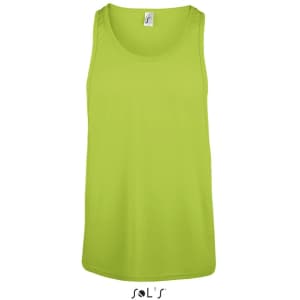 A unisex singlet tank top in bright green, featuring a logo on the front.