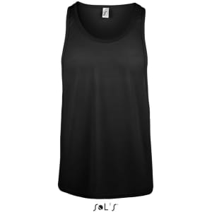 A unisex singlet tank top in black, featuring a tag at the neckline and a logo at the base.