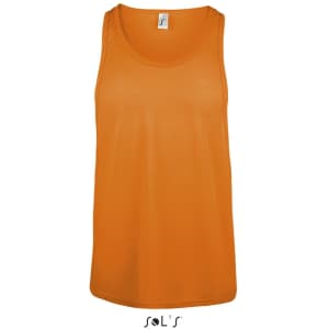 A unisex singlet tank top in vibrant orange, featuring a simple design and a brand logo.