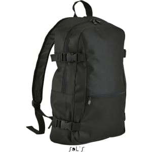 A black backpack made from 600D polyester with a padded computer section and adjustable straps. It features a logo.