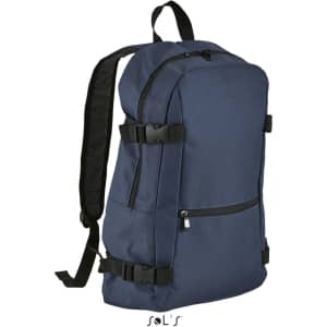 A navy blue backpack made of 600D polyester, featuring a padded computer section and adjustable straps.