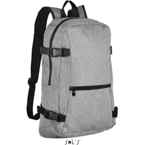 A grey backpack made of 600D polyester with a padded computer section and adjustable straps. It features a logo.