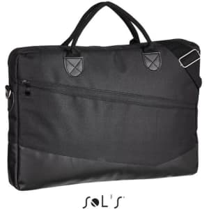 A black briefcase made of 600D polyester features handles, a removable shoulder strap, and a front pocket. It has a logo.