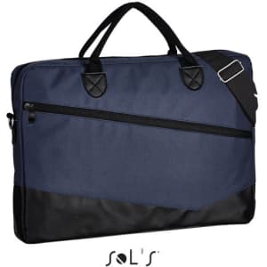 A navy blue briefcase made of 600D polyester, featuring black accents and a shoulder strap. It has a logo visible.