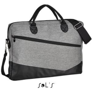 A grey and black briefcase made of 600D polyester, featuring handles and a detachable shoulder strap.