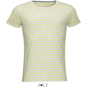 A men's round neck T-shirt featuring a grey and yellow striped pattern made from combed cotton, with a logo.