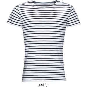 A men's round neck T-shirt in white with black stripes, made of combed cotton, featuring a logo.