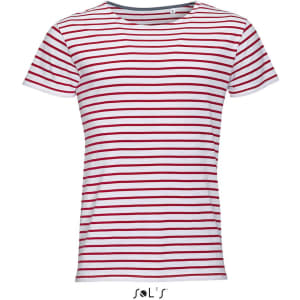 A red and white striped men's round-neck T-shirt made from combed cotton, featuring a logo.