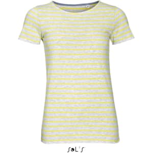 A women's round neck T-shirt in grey and yellow striped pattern made from combed cotton. It features a logo.