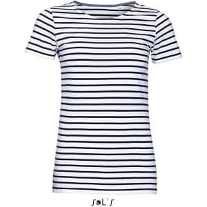 A women's round neck T-shirt in white with black striped pattern, made of combed cotton. It features a logo.