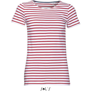 A women's round neck T-shirt made of combed cotton, featuring a white base with red stripes and a logo.
