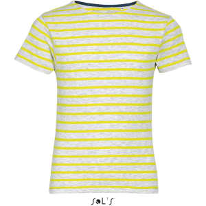 A short-sleeved kids' T-shirt in grey and yellow stripes with a round neck. The shirt features a logo.