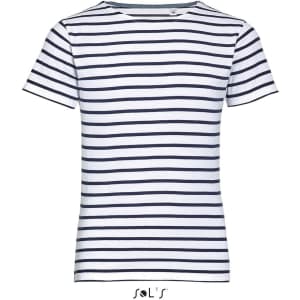 A striped round-neck T-shirt for kids in white and navy blue, made from combed cotton, featuring a logo.