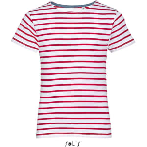 A red and white striped T-shirt for kids with a round neck, made from combed cotton. It features a logo at the bottom.