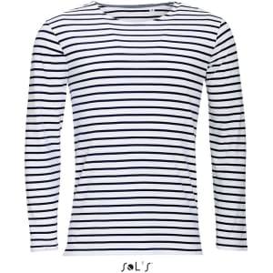 A long sleeve men's T-shirt featuring a striped pattern in black and white, made from 100% combed ring spun cotton and includes branding.