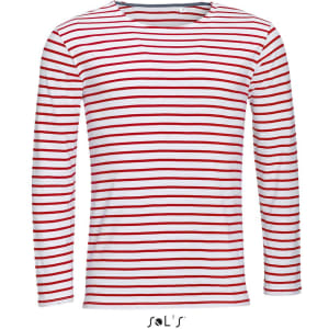 A long sleeve men's T-shirt in white and red stripes, made from 100% combed ring spun cotton, featuring a logo.