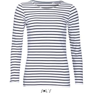 A long sleeve women's T-shirt in a striped pattern, featuring navy and white colours, made from 100% combed cotton.