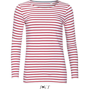 A long-sleeve women's T-shirt in a red and white striped pattern, made from 100% combed cotton. Features a logo.