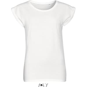 A white women's T-shirt with a round neck and seamless armholes, made from 100% semi combed ring spun cotton.