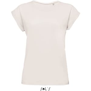 A women's round neck T-shirt in light beige, featuring seamless arm holes and made from 100% semi combed ring spun cotton.