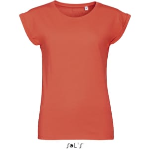 A women's round neck t-shirt in a vibrant melba colour, featuring seamless arm holes and a logo.